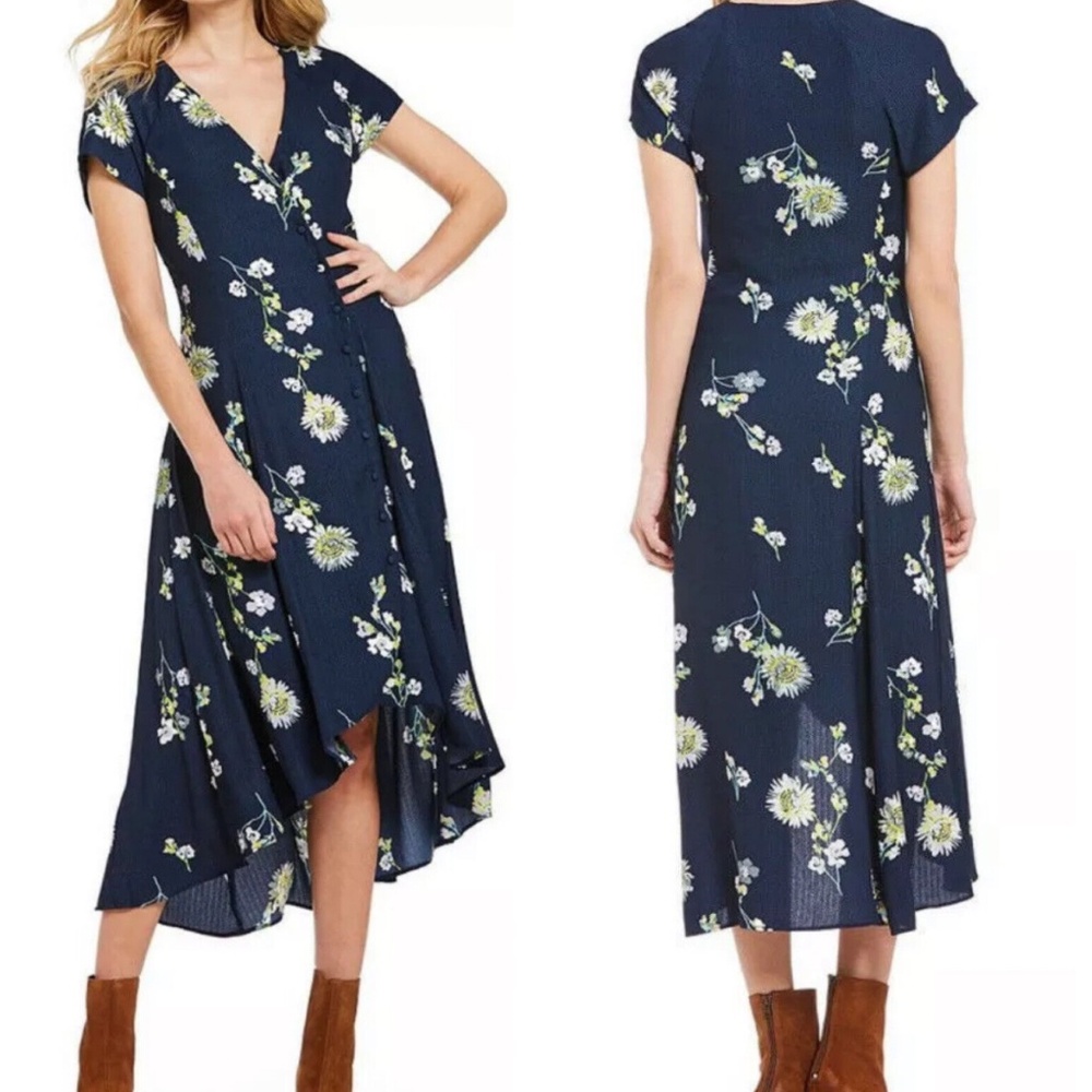 Free People Lost In You Blue Floral Wrap Style V-Neck Fairy Midi Dress Size XS